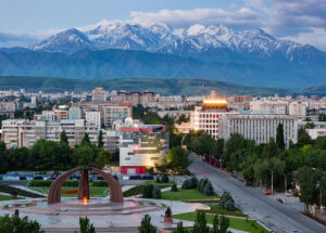 Elevated View of the Center of Bishkek Overlooking Victory Square with the Kyrgyz Range in the Background